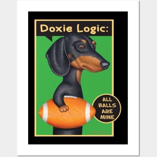 Classic Doxie Dog with football on Black Dachshund Holding Football Posters and Art